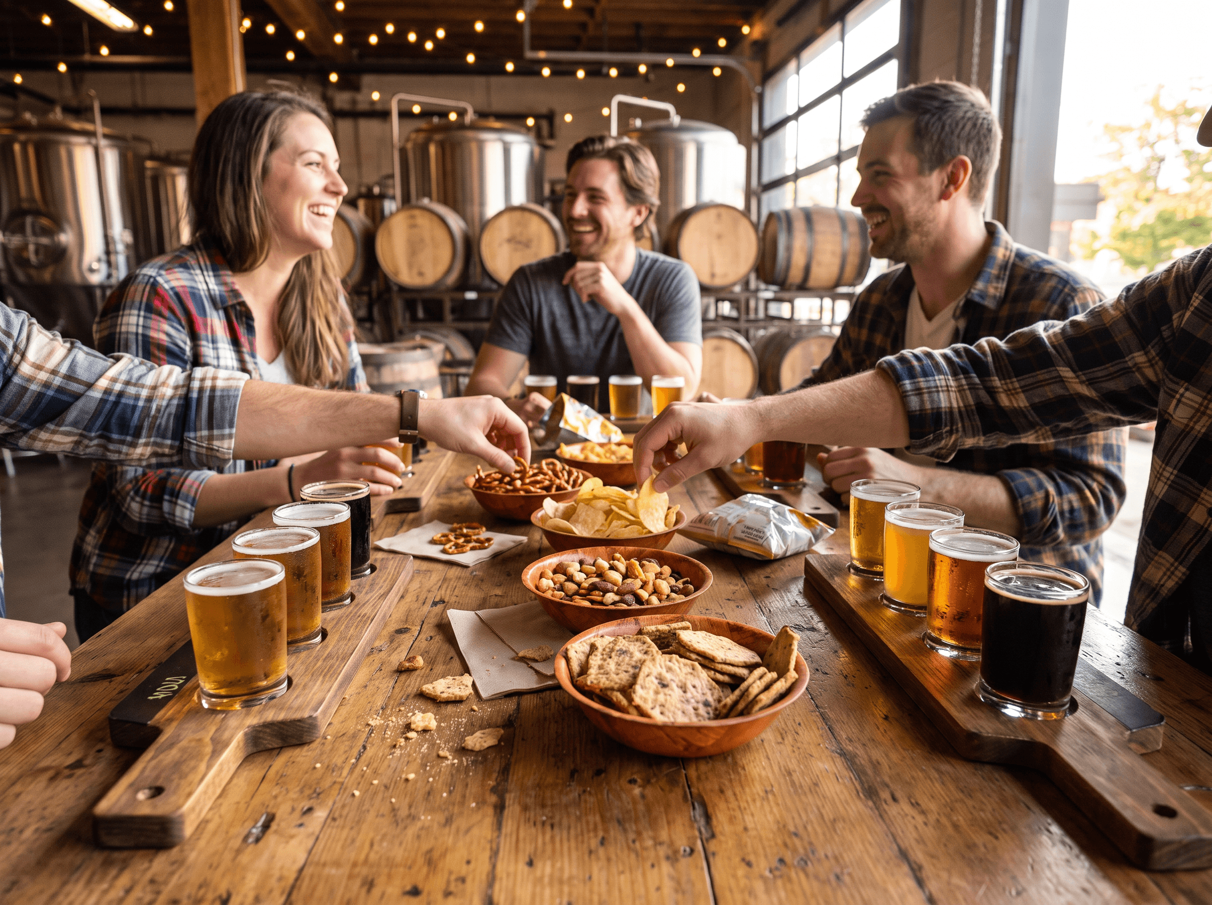 Beer tasting flight of samples in small glasses on a wooden board