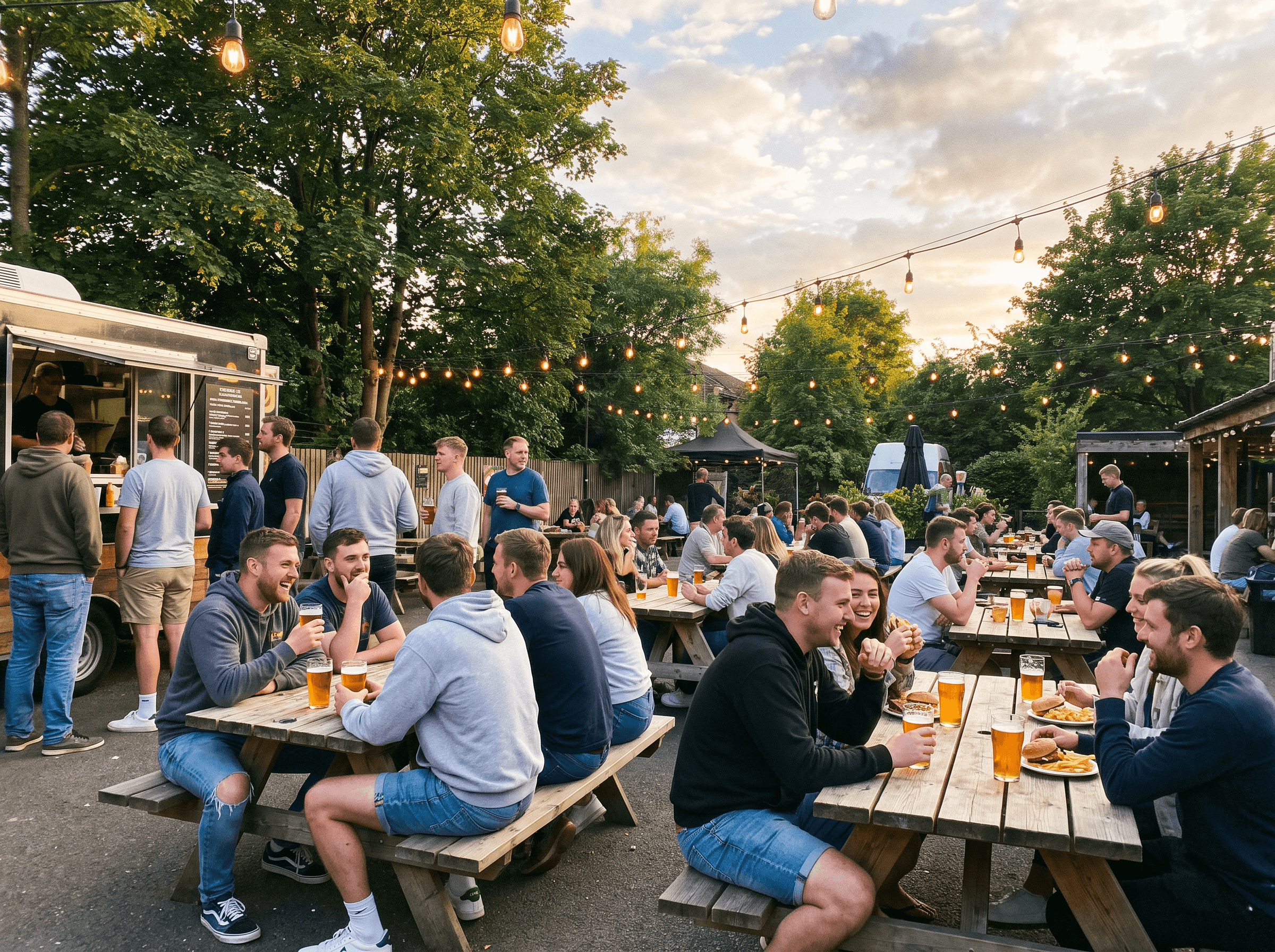 Outdoor beer garden at dusk lit by hanging string lights