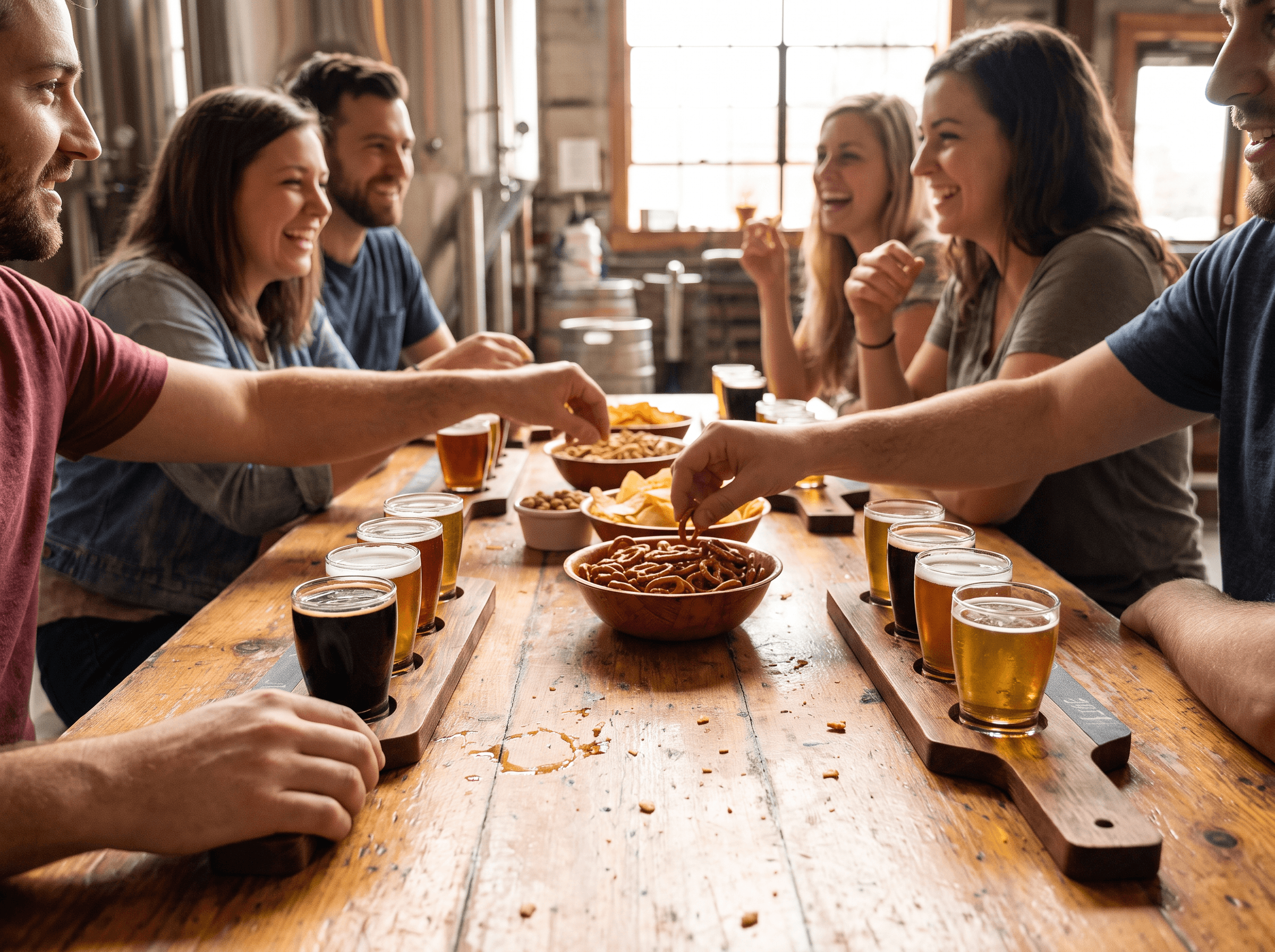 Beer tasting flight on a wooden paddle