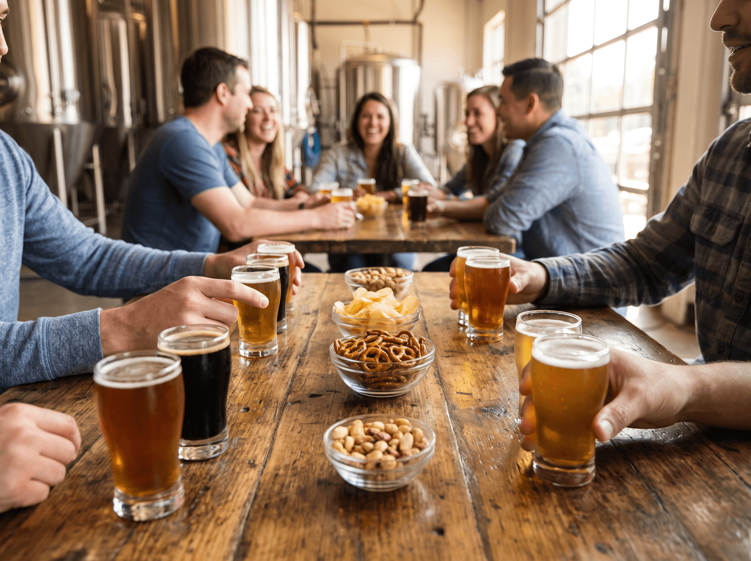Group raising a flight of beers around a brewery table with pretzels