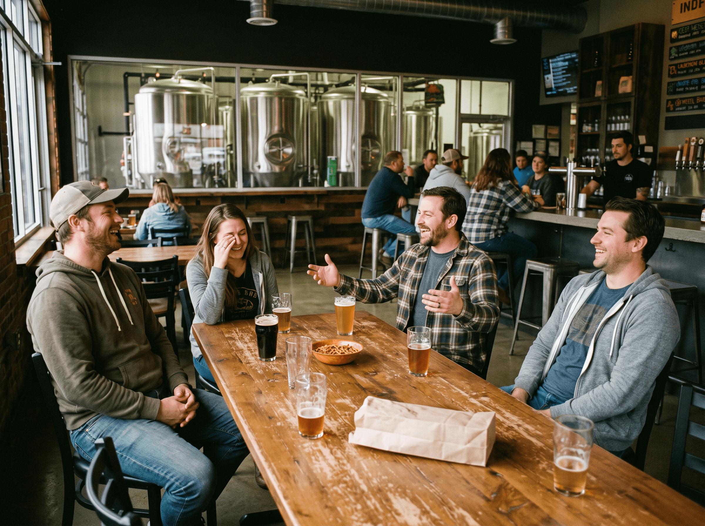 Modern industrial brewery taproom with a group at a wooden table