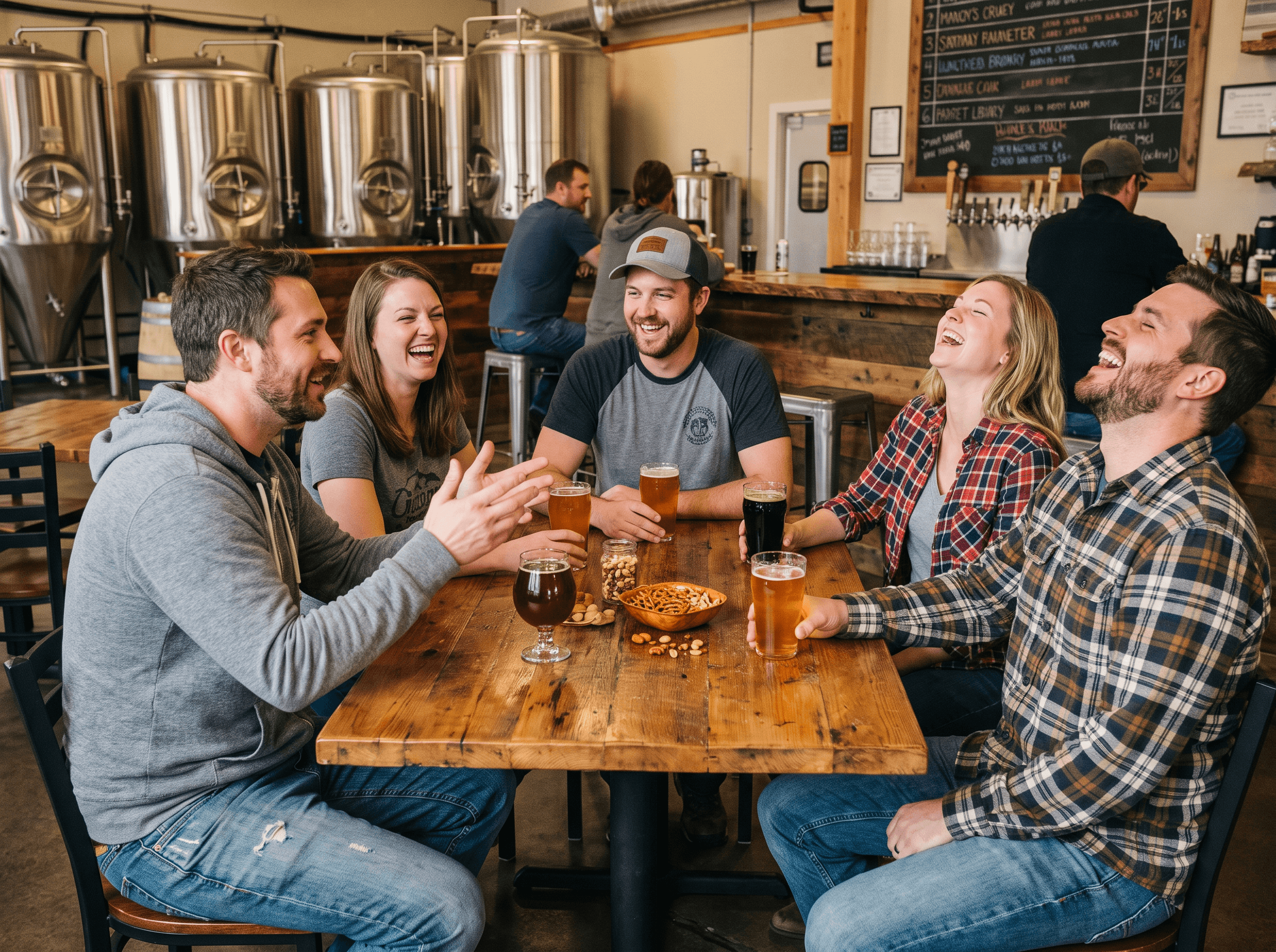 Small brewery taproom with fermentation tanks and a group laughing