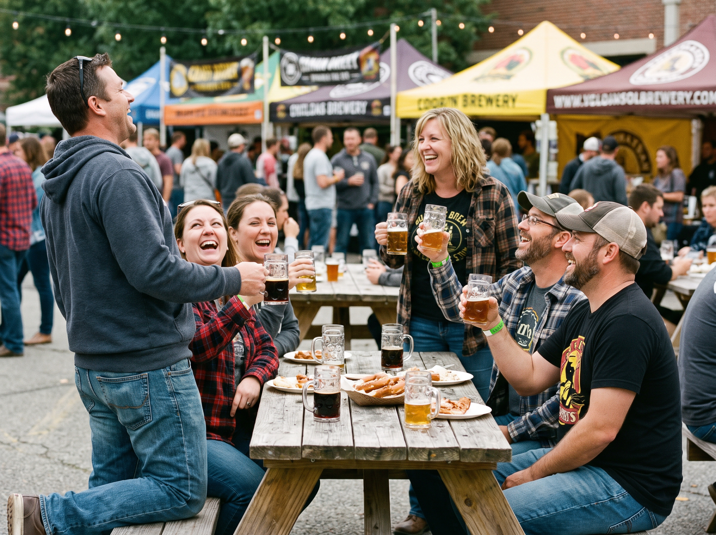 Craft beer festival in a park with brewery tents and friends toasting flights at a picnic table