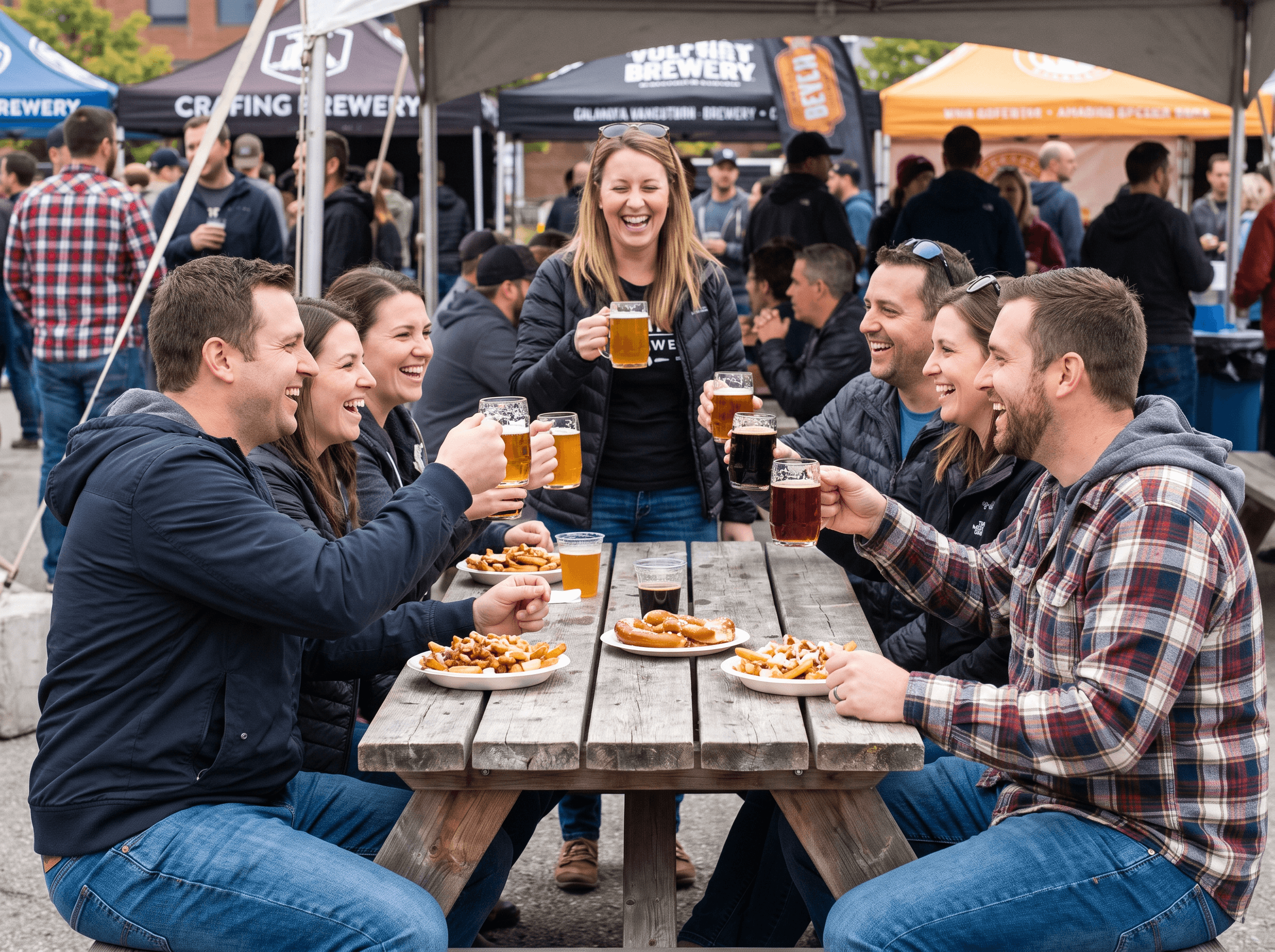 Craft beer festival with brewery tents, string lights and a group toasting steins