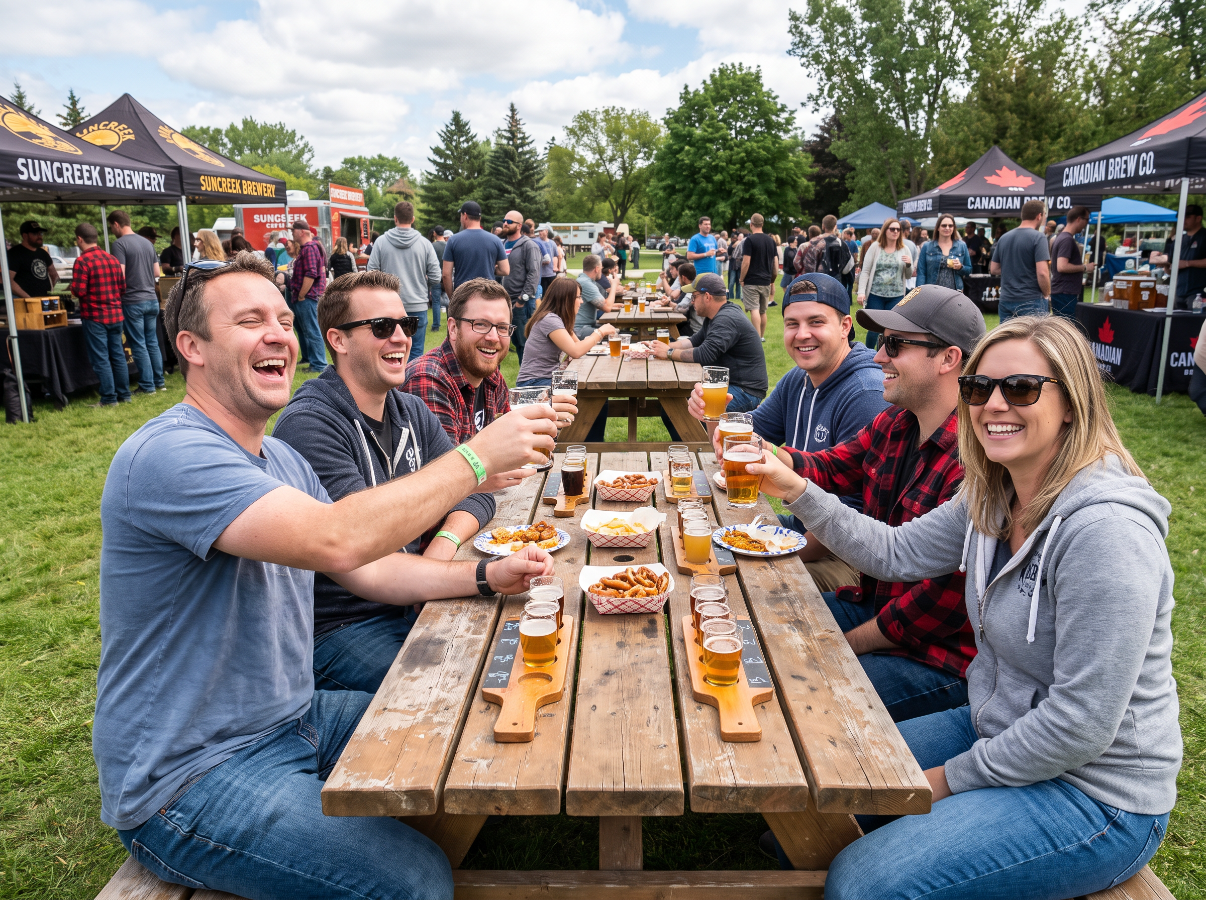 Craft beer festival with brewery tents and a group toasting glasses at a picnic table with poutine