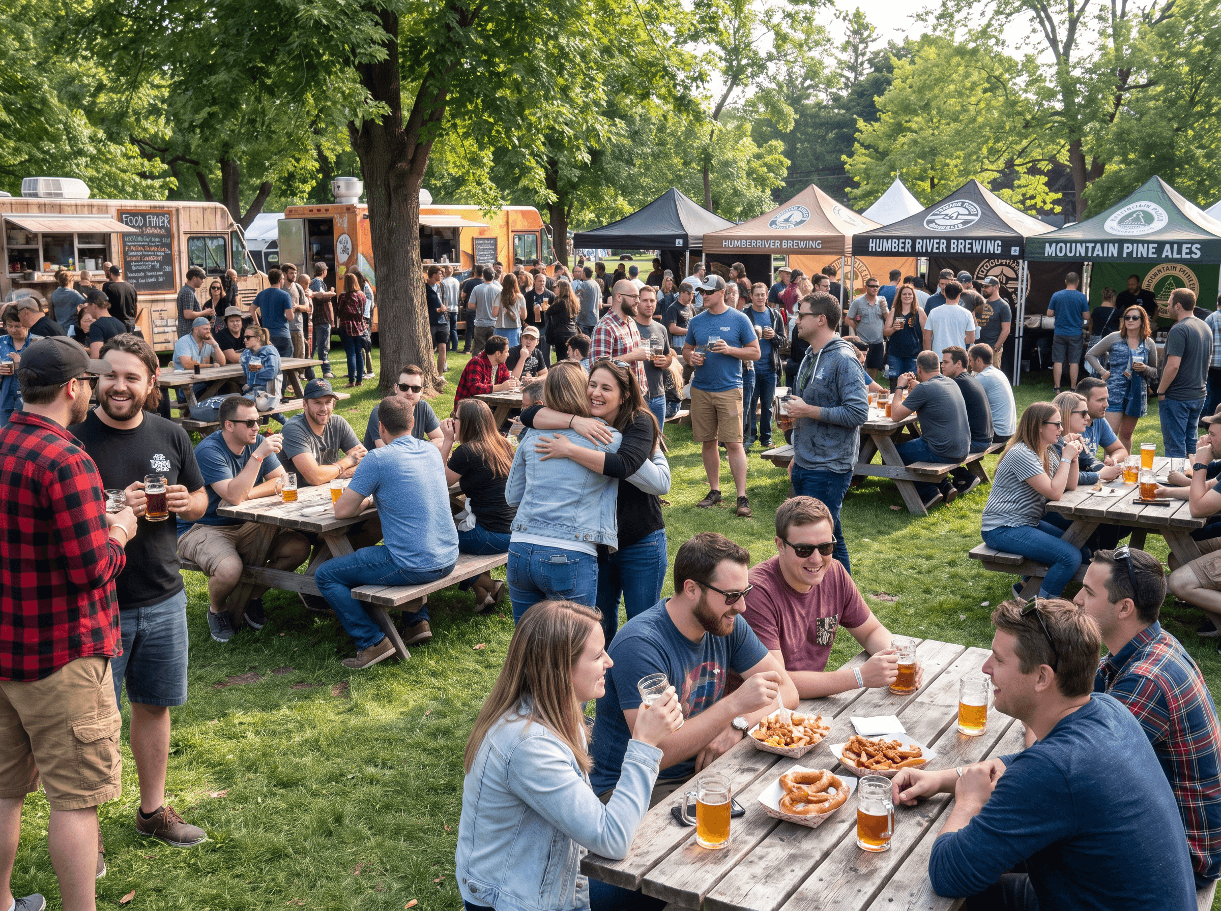 Craft beer festival in a park with brewery tents and food trucks