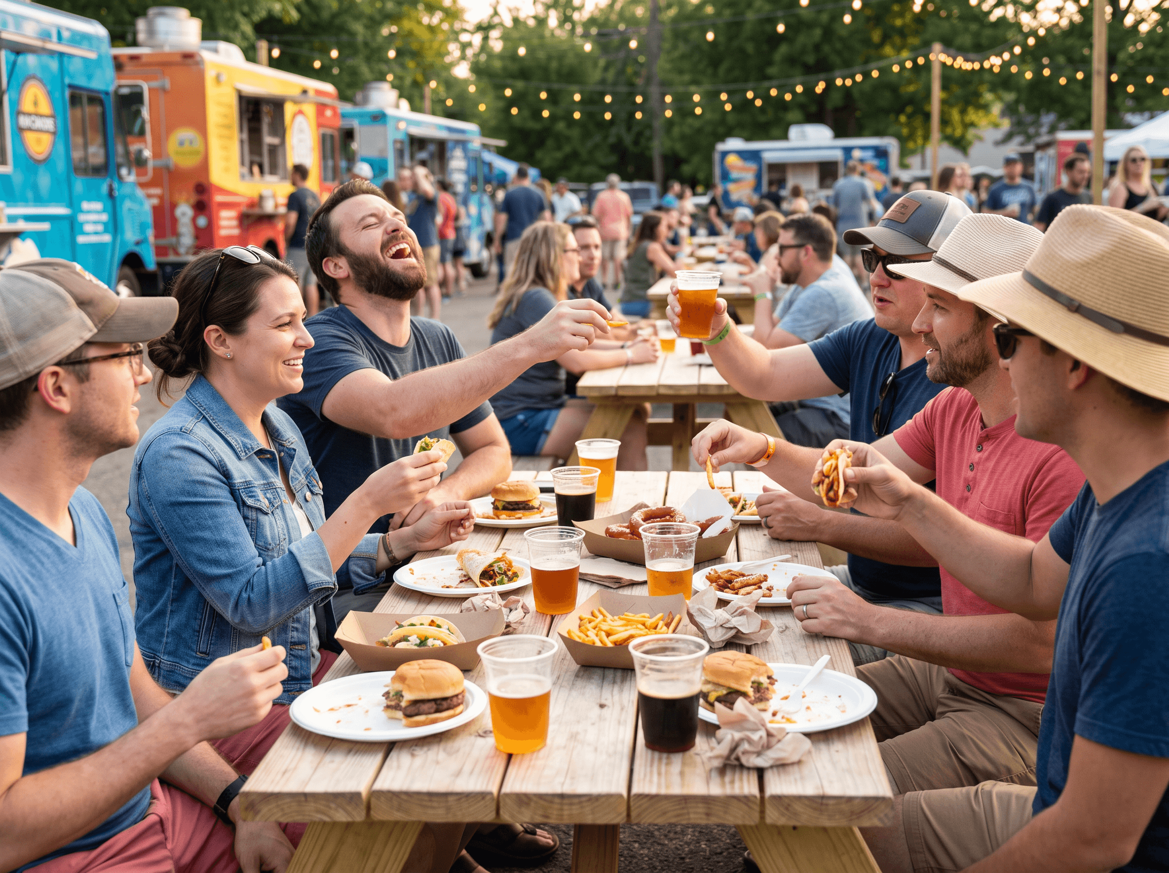 Food trucks and picnic tables at dusk with string lights overhead